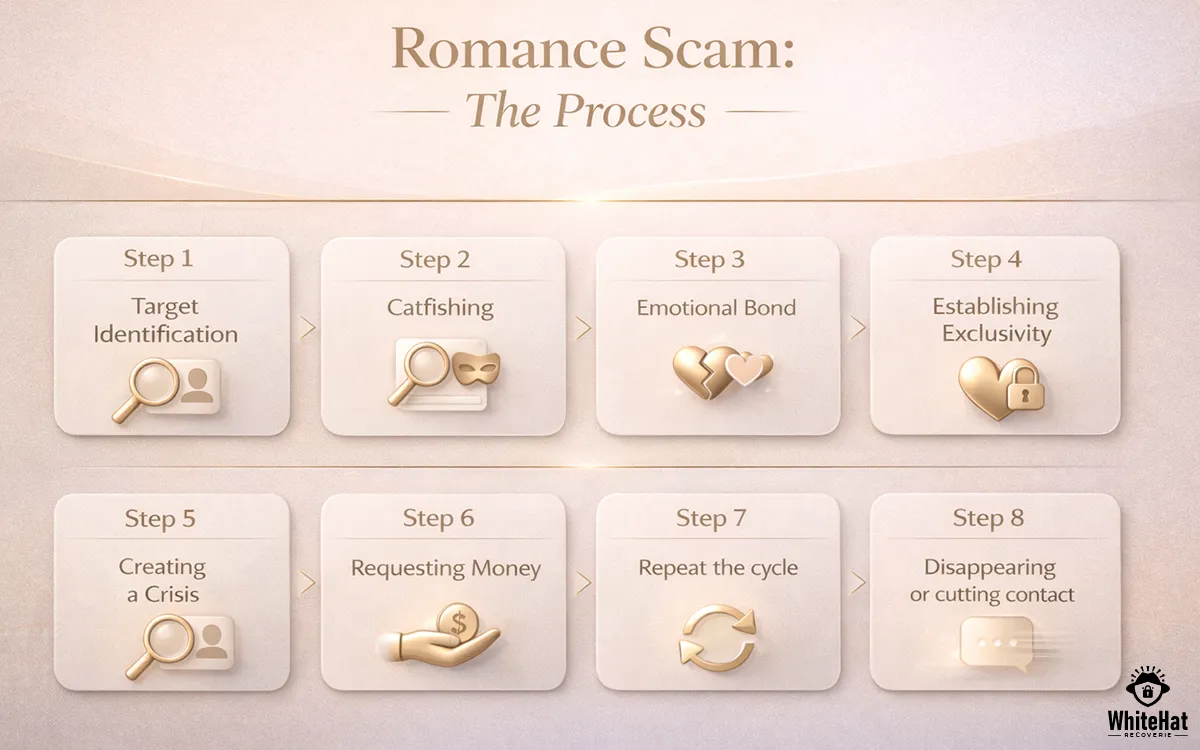Infographic showing the step-by-step process of a romance scam