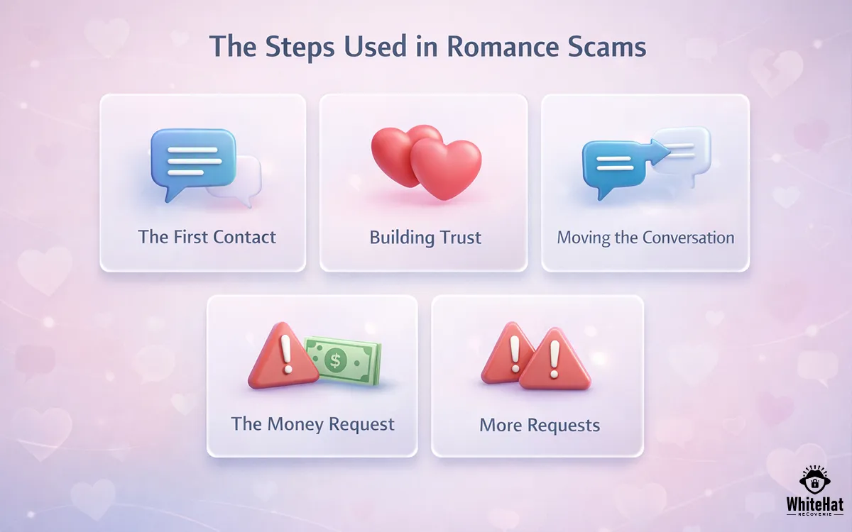 Illustration showing how romance scams work step by step online