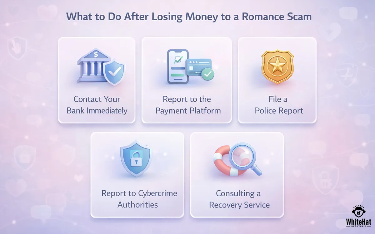 Concept image showing steps to recover money from romance fraud