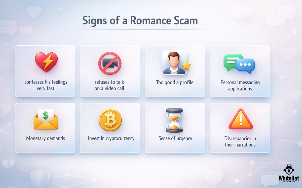 Illustration showing red flags of romance scams and fake relationships
