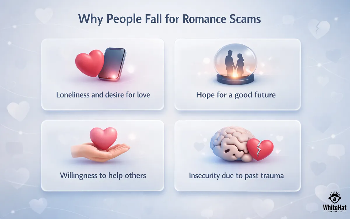 Illustration showing why people fall for online dating scams and fake relationships