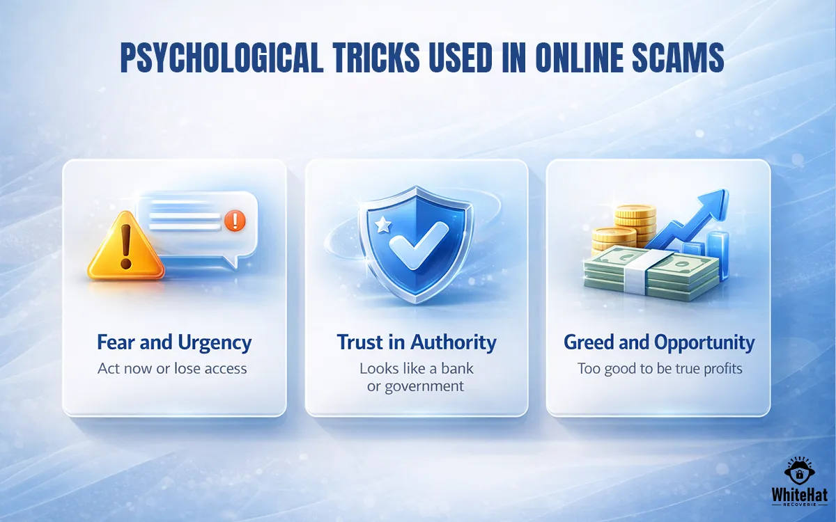 Psychological tricks used in online scams to manipulate and deceive victims