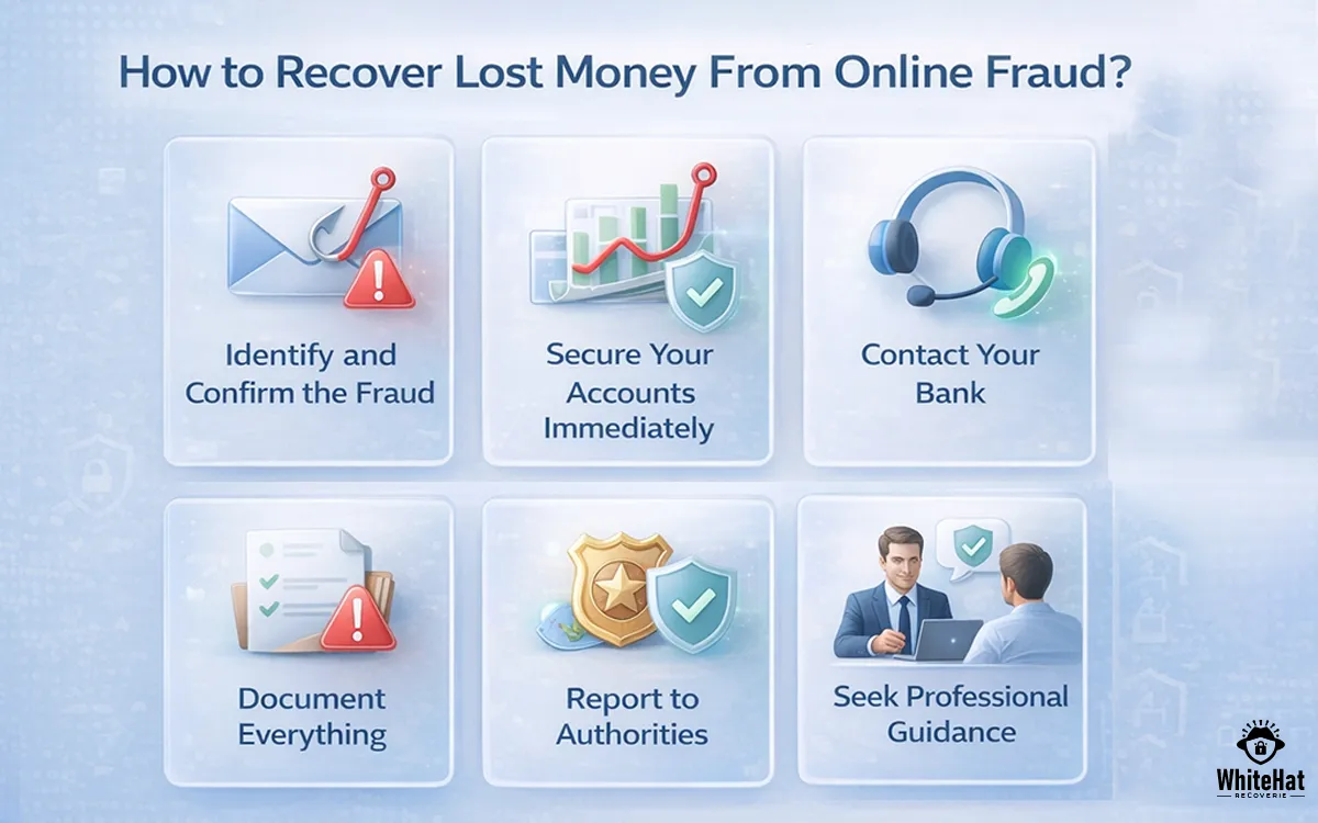 Illustration of scam recovery and reclaiming stolen money