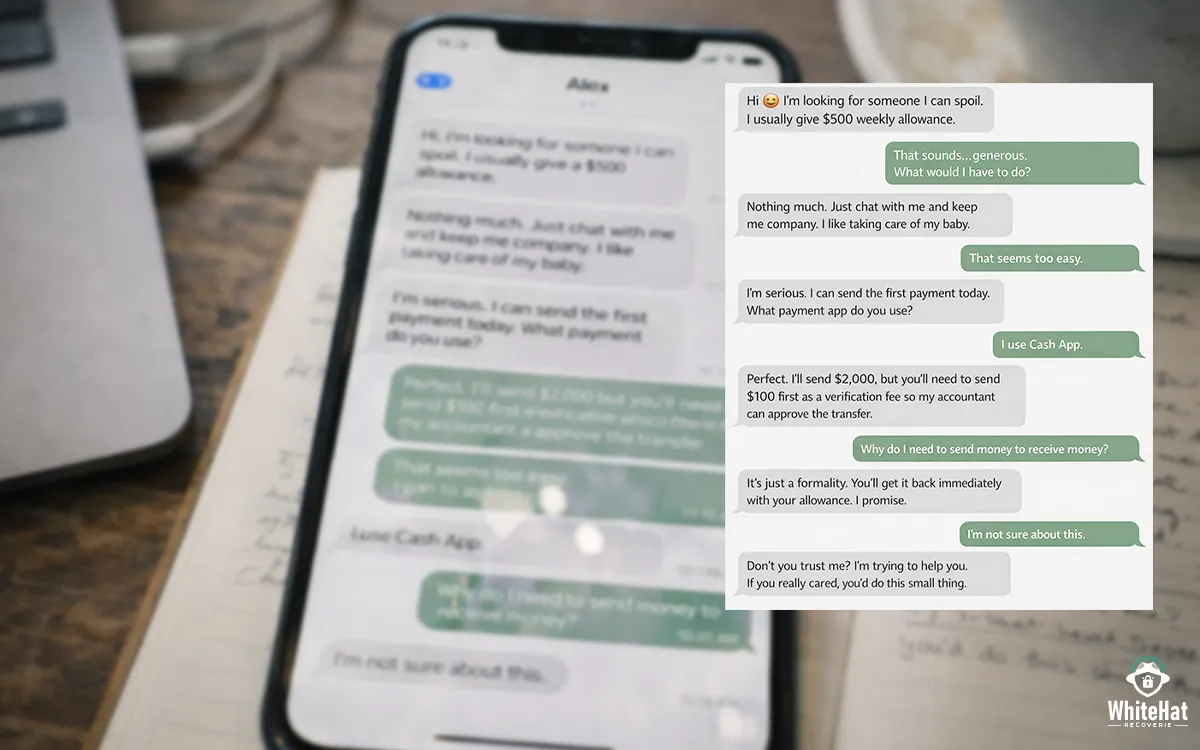 Example of a sugar daddy scam conversation asking for money verification fee